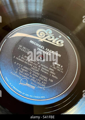 Close up of Michael Jackson’s thriller vinyl record, 2023, USA Stock Photo