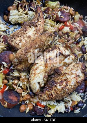 Mexican Chicken beans and rice in the pan Stock Photo