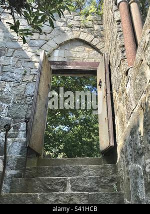 Stairway to the outdoors at Hammond Castle Museum, Gloucester, Massachusetts Stock Photo