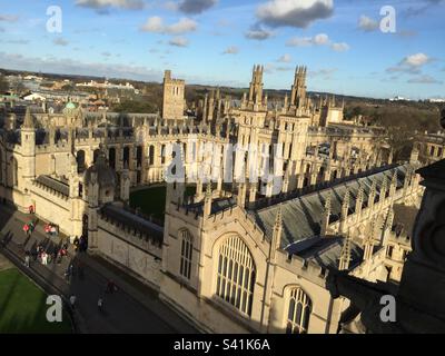 All Souls College, Oxford University, and surrounding skyline, viewed from the tower of the University Church of St Mary the Virgin, Oxford, England. Pic 1 December 2015. Stock Photo