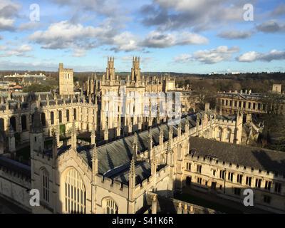 All Souls College, Oxford University, and surrounding skyline, viewed from the tower of the University Church of St Mary the Virgin, Oxford, England. Pic 2 December 2015. Stock Photo