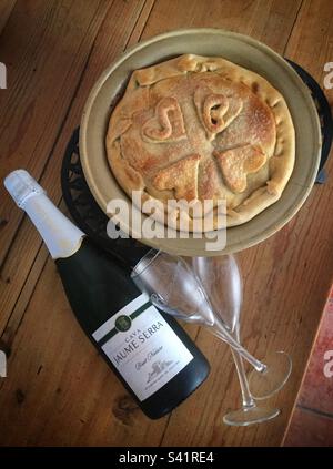 Apple pie and Cava, Catalonia, Spain. Stock Photo