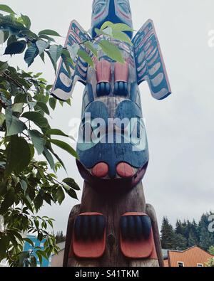 August, 2022, Detail, Chief Kyan Totem Pole, Whale Park, Ketchikan, Alaska, United States Stock Photo