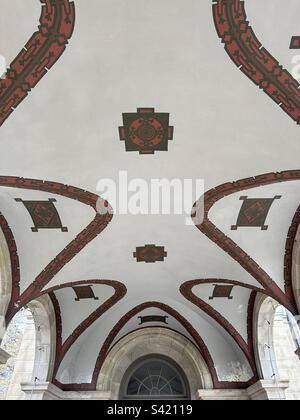 Ceiling of a patio porch at Harkness Memorial State Park in Waterford, Connecticut. The old New England mansion is a Renaissance revival, architectural masterpiece. Stock Photo