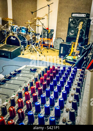 Musical gear set up in a rehearsal room Stock Photo
