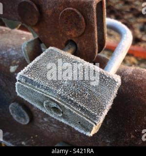 Frost on a padlock, Catalonia, Spain. Stock Photo