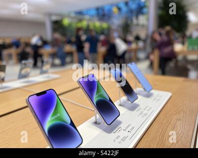 iPhone 14 display at Apple Fifth Avenue store in New York City on February 20, 2023. Stock Photo