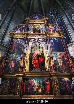 The Chapel of St. Jerome in the Cathedral of Palma de Mallorca, La Seu, has elaborate altar piece with St Jerome shown in the centre. Stock Photo