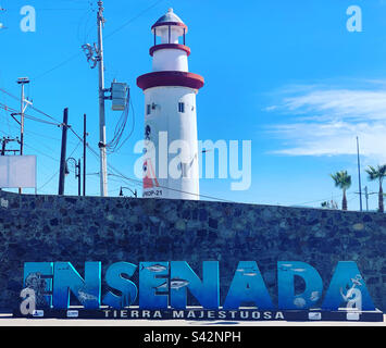 November, 2022, Ensenada sign and lighthouse, Ensenada, Baja California, Mexico Stock Photo