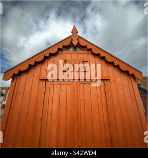 Beach hut number 1 on Felixstowe seafront Stock Photo