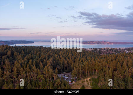 Aerial view of Fort Nisqually in Tacoma, Washington at sunset Stock Photo