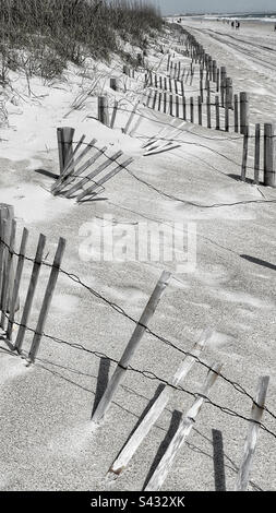 Broken wooden fencing on white sandy beach with grasses Stock Photo
