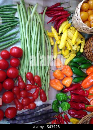 Table of fresh garden vegetables, including green beans, tomatoes, and different kinds of peppers. A few baskets on the right side, corner edges. Stock Photo