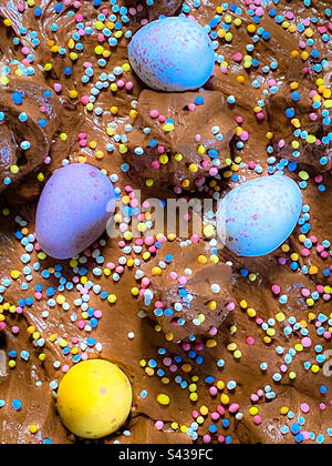An easter cake decorated with mini eggs and chocolate Stock Photo