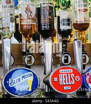 Draft beers in a bar at Camden market in London, United Kingdom. Stock Photo