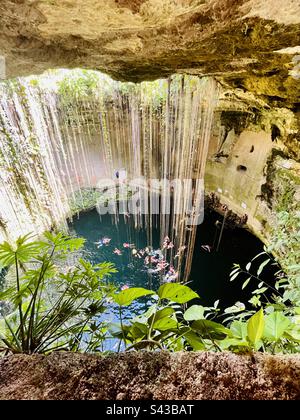 People swimming in a beautiful Cenote in Mexico Stock Photo