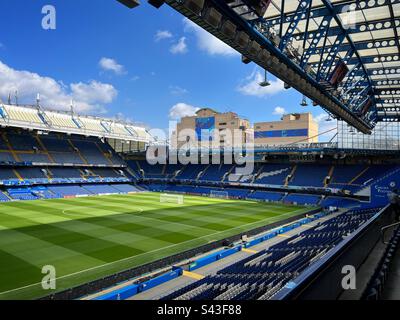 A general view of the football pitch at Stamford Bridge stadium, home to Chelsea football club in west London. Chelsea play in the English Premier League. Stock Photo