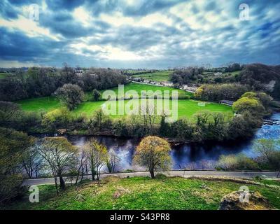 Birds Eye view of the River Swale from the top of Richmond Castle Stock Photo