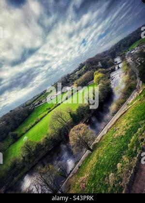 Birds Eye view of the River Swale from the top of Richmond Castle Stock Photo