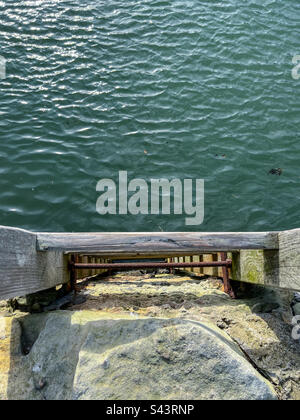 Top view of harbour wooden wall ladders looking into sea Stock Photo