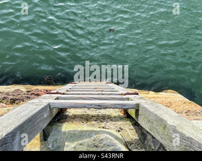 Top view of harbour wooden wall ladders looking into sea Stock Photo