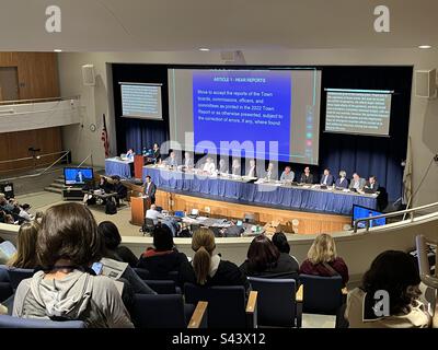 Town hall meeting in Sudbury, Massachusetts. View from the balcony at the high school auditorium. Stock Photo