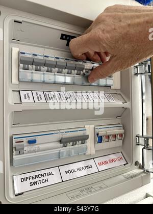 Control panel or fuse box for a domestic in-ground swimming pool Stock Photo