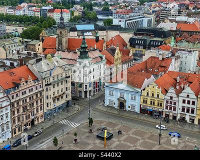 High-angle view at colorful historical houses from St. Bartholomew Cathedral in Pilsen, Czech Republic. Stock Photo