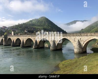 old bridge, beautiful, background, sky, stone, clouds, fence, path, promenade, flag, Bosnia and Herzegovina, Višegrad, Stock Photo