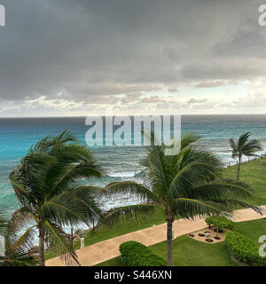 February, 2023, View from the Pyramid Building during a rainstorm, Hyatt Ziva Cancun, Hotel Zone, Cancun, Quintana Roo, Yucatan Peninsula, Mexico Stock Photo