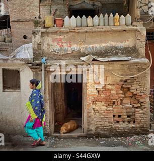 A sad dog watching street life in  Kathmandu, Nepal Stock Photo