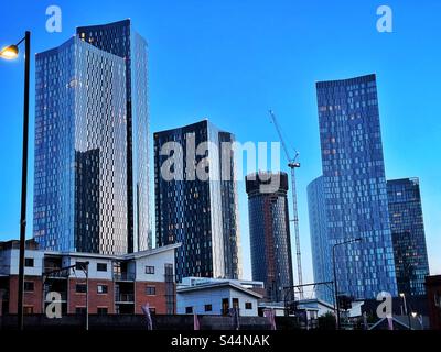 Deansgate area of Manchester with modern hi rise buildings. Stock Photo