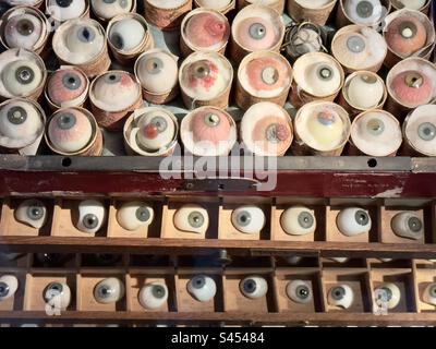 A gruesome collection of glass eyes in a cabinet, used for medical and teaching purposes, an exhibit in the Museum of the history of science in Leiden Stock Photo