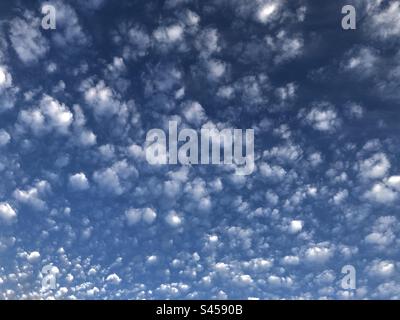 Altocumulus clouds in a blue summer sky in England, United Kingdom Stock Photo
