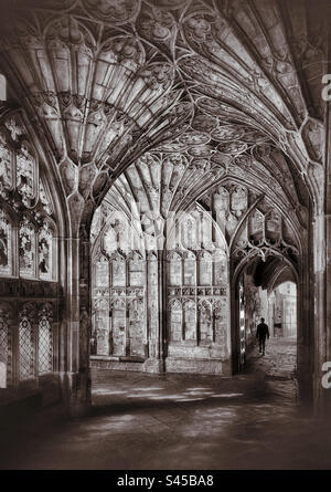 A lone figure walks in a passageway within a religious building containing ornate walls and fan vaulted ceilings. A picture that conveys mood and asks questions? Photo ©️ COLIN HOSKINS. Stock Photo