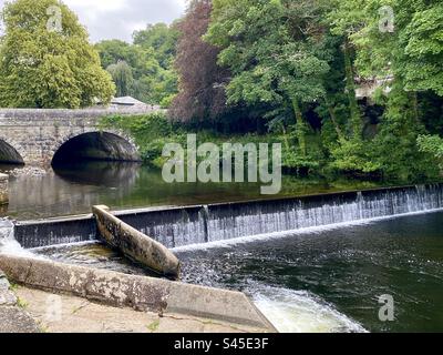 The river Tavy flowing through the bridge and weir at Tavistock in Devon Stock Photo