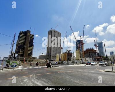 Changing urban skyline near Shlomo Ibn Gabirol Street and Arlozorov street in Tel-Aviv, Israel. Stock Photo