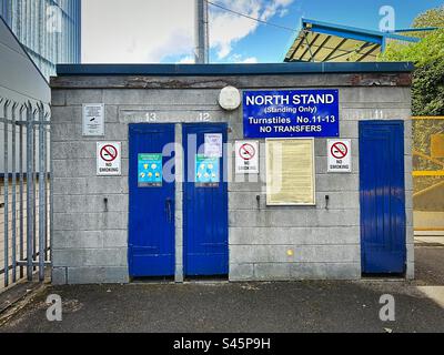 North Stand (Standing Only) turnstiles entrance at The Shay Stadium - home of F.C. Halifax Town. Stock Photo