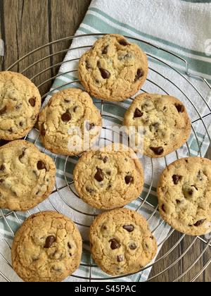 Chocolate chip cookies on a wire rack Stock Photo