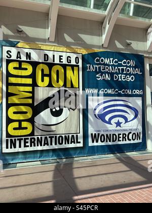 Comic Con International banner on the San Diego Convention Center during Comic Con 2023 preview night held on July 19, 2023, Stock Photo