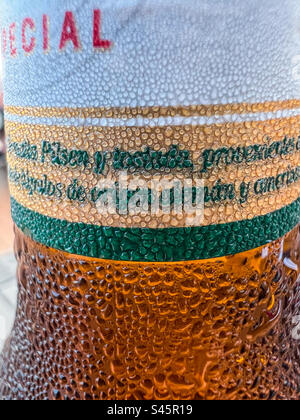 Close up of condensation on a refreshing ice cold bottle of beer Stock Photo