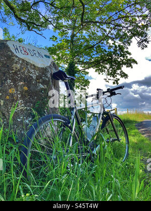 Pace RC200 F5 Mountain Bike by the Hebden sign in the Yorkshire Dales Stock Photo