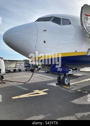 Ryan air airplane at Bournemouth airport getting ready to depart. Stock Photo