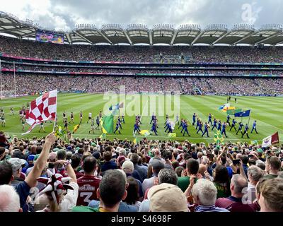 Marching band lead Galway and Kerry around the pitch on All Ireland Final Day in Croke Park, Dublin Stock Photo