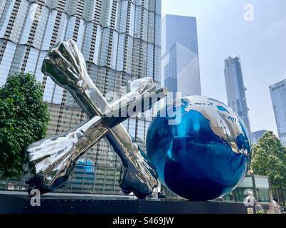 Art installation at World Trade Center by Daniel Anderson called XO Play and XO World about children playing jacks as a metaphor for peace. New York City USA Stock Photo