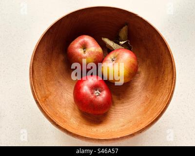 Three apples in a grained wooden bowl. Red and green apples. Foraged yesterday in the local community orchard. Fresh and juicy. Stock Photo