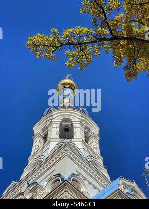 Autumn colored tree branch and onion dome of the 19th century Orthodox Church in Karlovy Vary, Czech Republic. Stock Photo