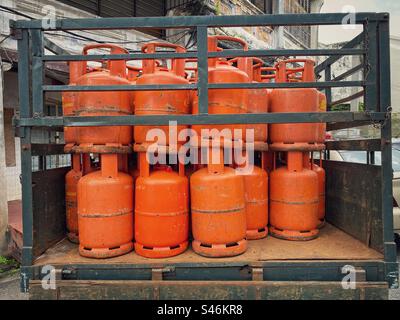 Propane gas bottles on a delivery truck Stock Photo