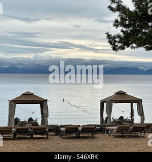 June, 2023, Cabanas on the shore, Hyatt Regency Lake Tahoe Resort Spa and Casino, Incline Village, Nevada, United States Stock Photo