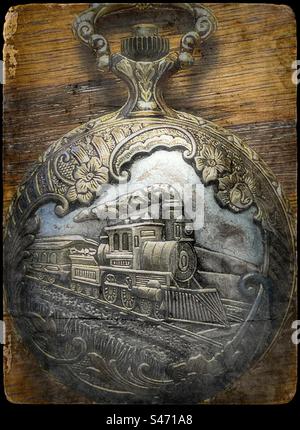 An old styled pocket watch with a steam train in relief in burnished metal. Vintage and weathered effects have been digitally added. Stock Photo